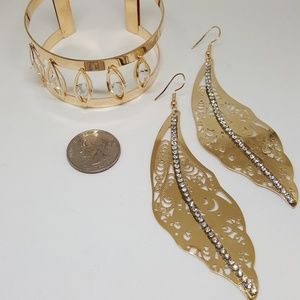 Gold-Tone Rhinestone Cuff Bracelet and Earrings
